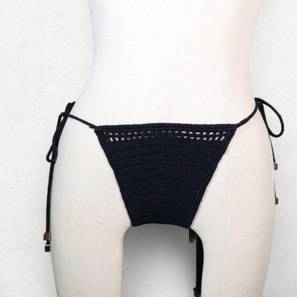 Heart of Sun Swim Sol Bikini Bottom in Black Crochet with Gold Hardware
